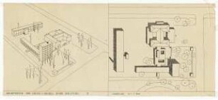 Hochschulbibliothek, Karlsruhe Neubau: Vorprojekt: Erweiterung der Mensa und Neubau Hochschulbibliothek. Lageplan, Perspektivische Ansicht (Vogelschau), 1:500