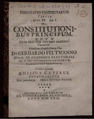Disputatio Pandectarum Tertia Ad Tit. IV. Lib. I. De Constitutionibus Principum
