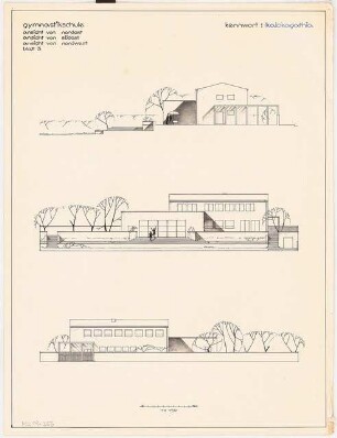Gymnastikschule am See Monatskonkurrenz Dezember 1932: Aufriss Nordostansicht, Nordwestansicht, Südostansicht 1:150; Maßstabsleiste