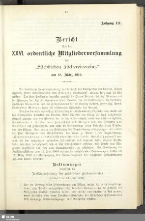 Anhang III. XXVI. ordentliche Mitgliederversammlung des "Sächsischen Fischereivereins" am 18. März 1910
