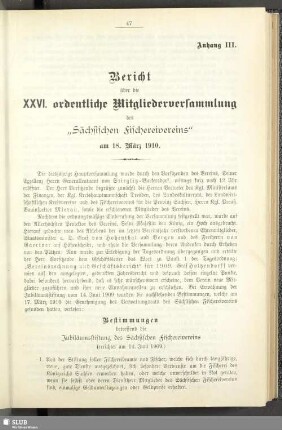 Anhang III. XXVI. ordentliche Mitgliederversammlung des "Sächsischen Fischereivereins" am 18. März 1910
