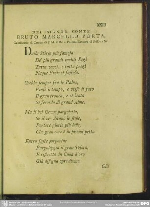 Del Signor Conte Bruto Marcello Porta, Gentiluomo di Camera di S. M. il Re di Polonia Elettore di Sassonia & [et]c.