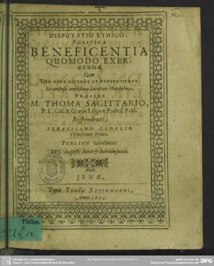 Disputatio ethico politica de beneficentia