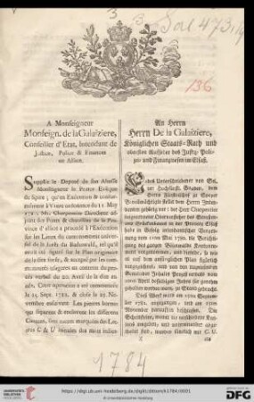 A Monseigneur Monseign. de la Galaiziere, Conseiller d'Etat, Intendant de Justice, Police & Finances en Alsace : [Bruchsal le 13. Mars 1784]
