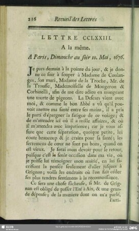 Lettre CCLXXIII. A la même. A Paris, Dimanche au soir 10. Mai, 1676