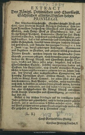 Extract Des Königl. Pohlnischen und Churfürstl. Sächsischen allergnädigsten hohen Privilegii