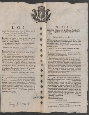 Loi Relative aux Loteries, aux droits de Marque d'or & d'argent, & aux droits des Hypothèques : Donnée à Paris, le 20 Janvier 1792.