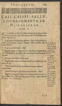 Caii Crispi Sallustii Fragmenta Ex Historiarum Lib. V.