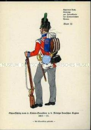 Uniformdarstellung, Scharfschütze des 6. Linien-Bataillons der King's German Legion, Kurfürstentum Hannover, 1803/1815.