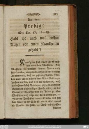 Aus einer Predigt über Luc. 17, 11 - 19. Habt ihr auch wol bisher Nutzen von euren Krankheiten gehabt?