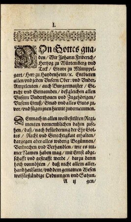 Von Gottes gnaden/ Wir Johann Friderich/ Hertzog zu Würtemberg ...