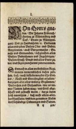 Von Gottes gnaden/ Wir Johann Friderich/ Hertzog zu Würtemberg ...