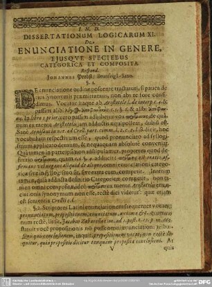Dissertationum Logicarum XI. De Enunciatione In Genere