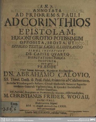 Annotata ad priorem s. Pauli ad Corinthios epistolam ... de capite quarto disputatione publica proposita