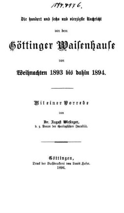 146: Nachricht von dem Göttinger Waisenhause