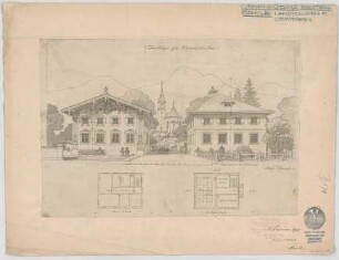 Thiersch, August ; Schulhäuser, Entwürfe - Grundriss EG, Grundriss OG, Perspektiven