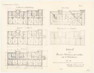 Bahnhofs-Nebengebäude, Stralsund Wohnhaus für 3 mittlere und 6 untere Beamte: Grundriss Kellergeschoss, Erdgeschoss und 1. Obergeschoss mit Dachbalkenlage, Balkenlage über Erdgeschoss, Sparrenlage, 1:100