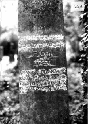 Grabstein 22 (Index: 100109238) Material: Obelisk rosa Marmor, Sockel (?), eingelegte Bleibuchstaben Zustand: verwittert Maße HxBxT: 128x31x15 cm Beschreibung: Obelisk, Sockel Steinmetz: Beerli Besonderheit: Nummer auf Rückseite: 106: Grabstein 22A