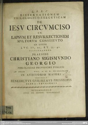 Dissertationem Philologico-Exegeticam De Jesu Circumciso In Lapsum Et Resurrectionem Multorum Constituto : Ad Locos Luc. II, 21, Et 33 - 40 Illustrandos