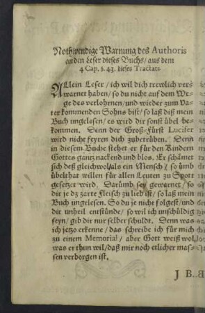 Nothwendige Warnung des Authoris an den Leser dieses Buchs