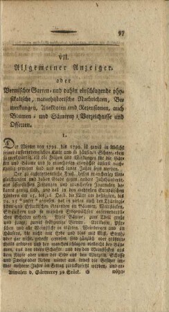 VII. Allgemeiner Anzeiger, oder vermischte Garten- und dahin einschlagende physikalische, naturhistorische Nachrichten, ...