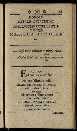 Honori Natalis Optatissimi Perillustris Excellentissimique Marschalli de Greif S.