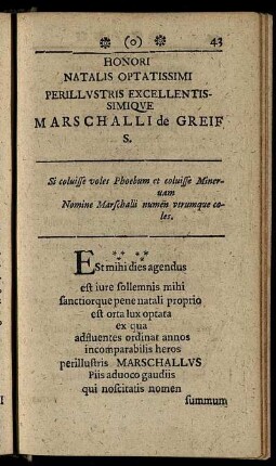 Honori Natalis Optatissimi Perillustris Excellentissimique Marschalli de Greif S.