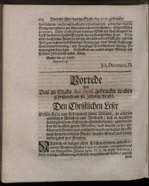 Vorrede über Das zu Stade Ao.1706. gedruckte wahre Christenthum sel. Johann Arnds.