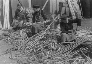Hetlingen/Unterelbe. Bandreißer, Weidenruten für Flechtkörbe werden geschält. 1934 : Hetlingen/Unterelbe. Bandreißer schälen Weidenruten für Fassreifen. Die gesamte Familie ist mit dieser Tätigkeit beschäftigt. Aufgenommen 1934