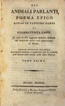 Gli animali parlanti : Poema epico diviso in ventisei canti, 1