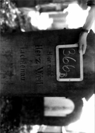 Grabstein 366 (Index: 100111889) Material: Sandstein Zustand: gut Maße HxBxT: 138x55x26 cm Beschreibung: Stele, getreppter Sockel, giebelartiger Abschluß mit Verdachung, Schriftfeld eingetieft Symbolik: stilisierte Blüte, gestelztes Rundbogenfries: Grabstein 366B