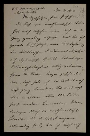 Nr. 7: Brief von Emanuel Lasker an Adolf Hurwitz, Manchester, 30.4.1902