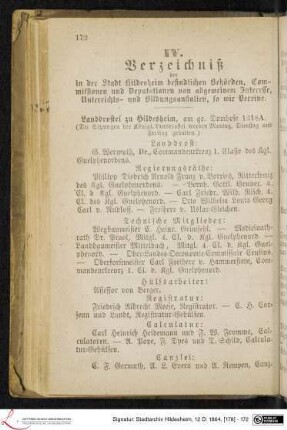 IV. Verzeichniß der in der Stadt Hildesheim befindlichen Behörden, Commissionen und Deputationen von allgemeinem Interesse, Unterrichts- und Bildungsanstalten, so wie Vereine.