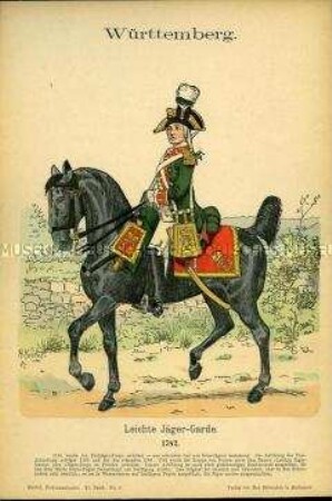 Uniformdarstellung, Gemeiner der Leichten Jäger-Garde zu Pferd, Herzogtum Württemberg, 1782.