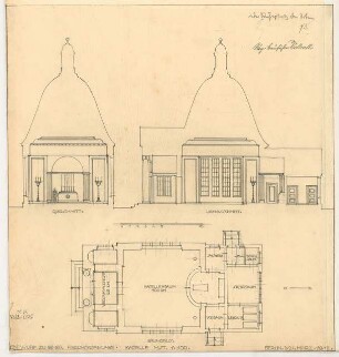 Friedhofsanlage Monatskonkurrenz März 1912: Grundriss, Längsschnitt, Querschnitt 1:100; Maßstabsleiste