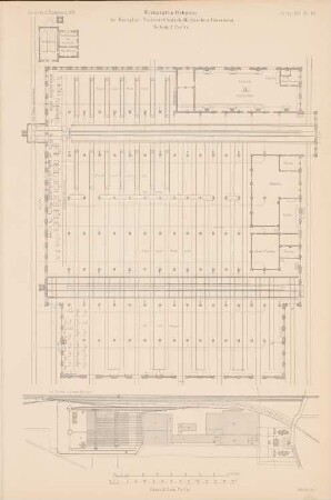 Werkstattgebäude der Königlich Niederschlesisch-Märkischen Eisenbahn, Berlin: Grundriss (aus: Atlas zur Zeitschrift für Bauwesen, hrsg. v. G. Erbkam, Jg. 21, 1871)