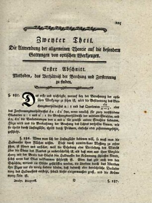 Zweyter Theil. Die Anwendung der allgemeinen Theorie auf die besondern Gattungen von optischen Werkzeuge