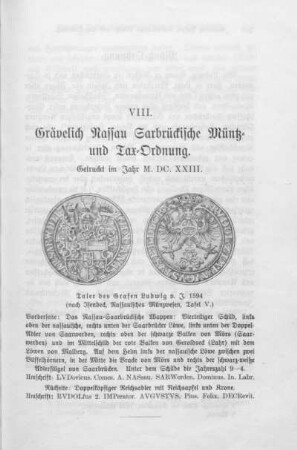 VIII. Grävelich Nassau Saarbrückische Müntz- und Tax-Ordnung.
