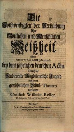 Die Nothwendigkeit der Verbindung der göttlichen und menschlichen Weißheit