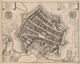 Stadtplan von Leipzig aus der Vogelperspektive nach Nordosten mit Wappen und Legende, aus Merians Topographia Superioris Saxoniae