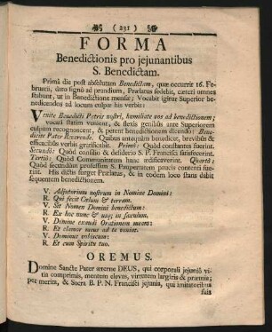Forma Benedictionis pro ieiunantibus S. Benedictam.
