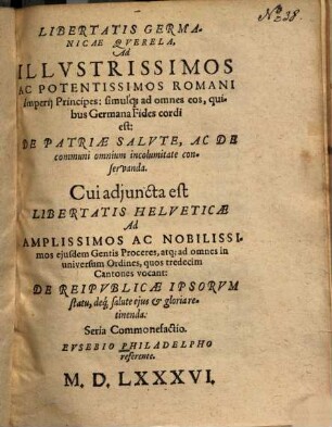 Libertatis Germanicae querela, Ad ... Romani Imperii Principes ... De patriae salute, ac de communi omnium incolumitate conservanda