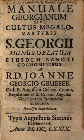 Manuale Georgianum Sive Cultus Megalo-Martyris S. Georgii