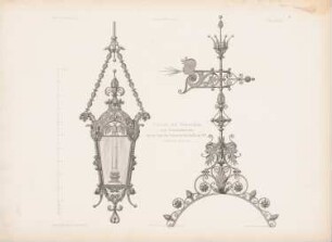 Laterne und Wetterfahne aus Schmiedeeisen von der Berliner Gewerbeausstellung 1879, Berlin: Ansichten (aus: Architektonisches Skizzenbuch, H. 161/2, 1880)