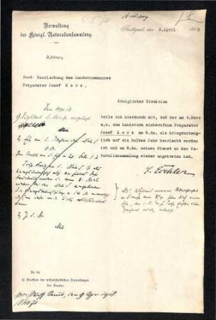 Beurlaubung des Landsturmmannes Präparator Joseph Kerz