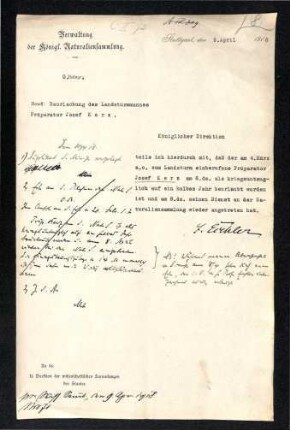 Beurlaubung des Landsturmmannes Präparator Joseph Kerz