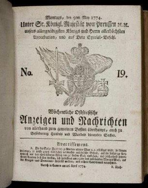 No. 19. Montags, den 9ten May 1774