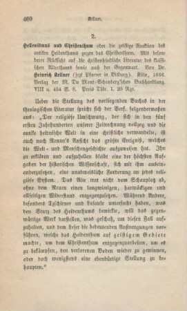 460-465 [Rezension] Kellner, Heinrich, Hellenismus und Christenthum oder die geistige Reaktion des antiken Heidenthums gegen das Christenthum