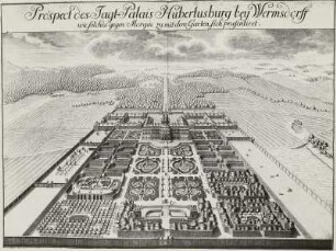 Prospect des Jagt-Palais Hubertusburg bey Wermsdorff wie solches gegen Morgen zu mit dem Garten sich prasentiret