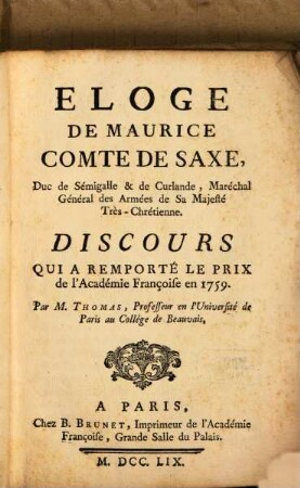 Eloge de Maurice comte de Sax